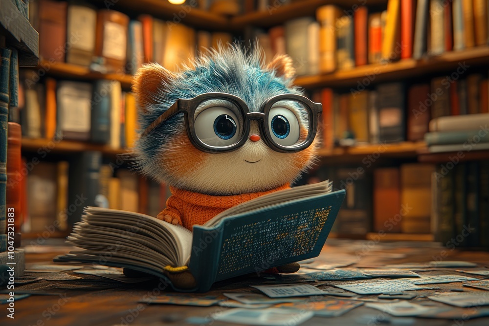 A cute, furry creature with glasses reads a book in a cozy library filled with books. A cute, furry creature with glasses reads a book in a cozy library filled with books.