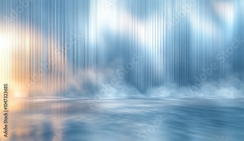 A serene, abstract scene with vertical lines, mist, and a reflective water surface.