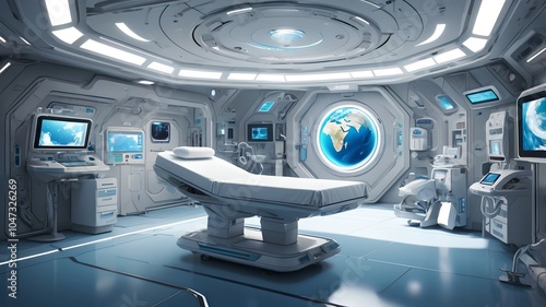 Futuristic hospital room in a space station with Earth view