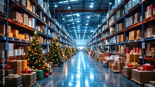 A large warehouse decorated for Christmas, with multiple Christmas trees adorned with lights and ornaments, and numerous wrapped presents and boxes arranged neatly on pallets, creating a festive atmos