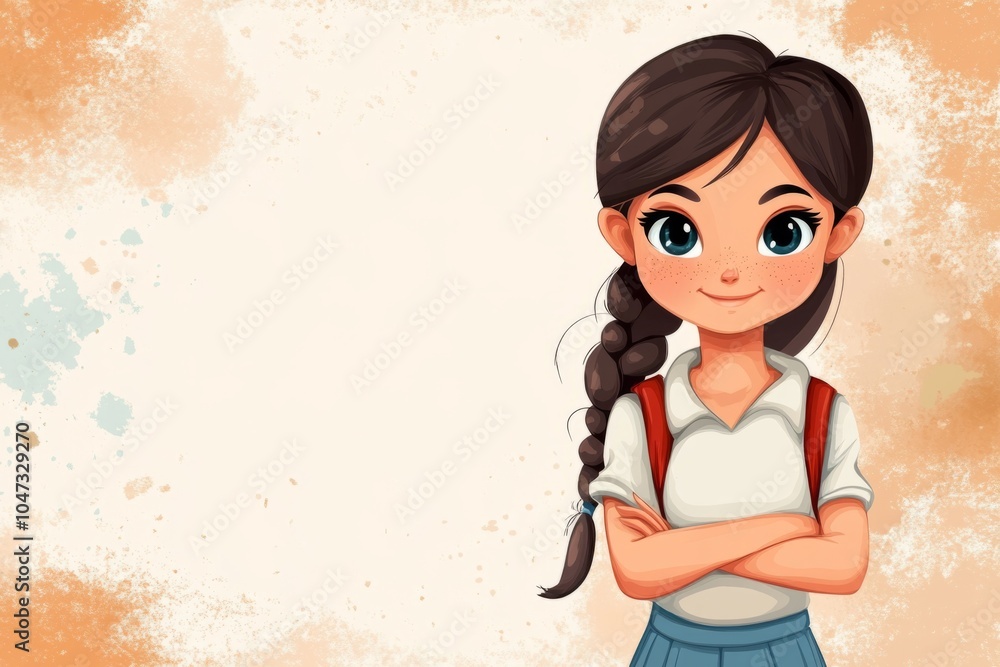 Cute brunette school girl with backpack and braided hair is smiling Cute brunette school girl with backpack and braided hair is smiling