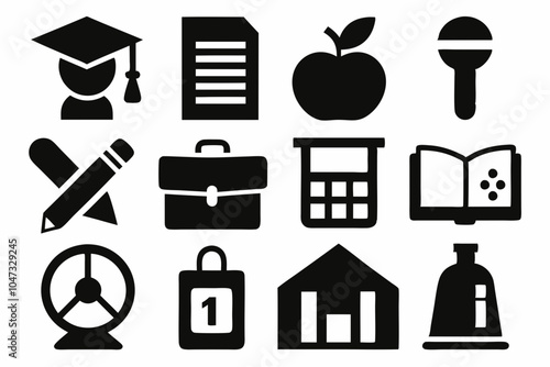 school kinds of stuff black icons bold line white background