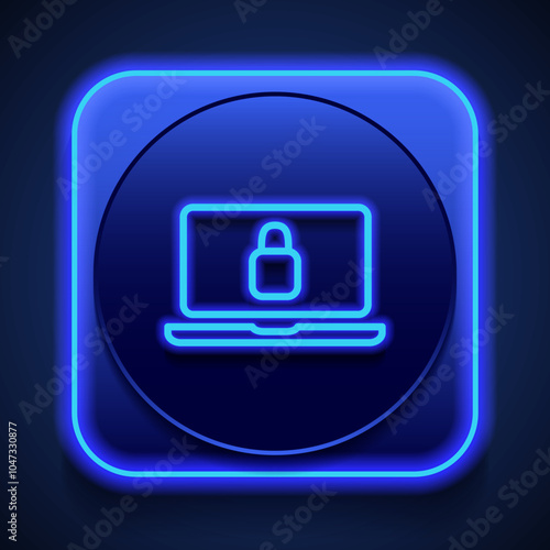 Notebook with lock, security simple icon vector. Flat design. Blue neon style on button. With shadow