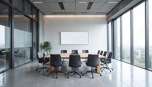 Contemporary office space with conference table and copy space for branding