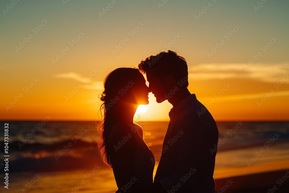 Fototapeta premium Romantic couple silhouette at sunset beach