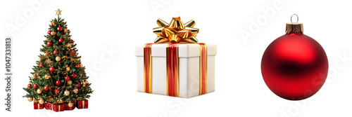 Set of A beautifully decorated Christmas tree adorned with twinkling lights, surrounded by neatly wrapped gift boxes on transparent background. Ai generated