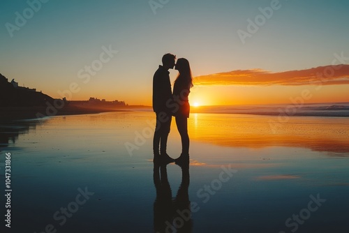 Romantic couple silhouette at sunset beach