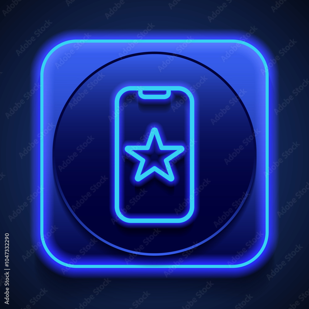 Mobile phone with star, app rate simple icon vector. Flat design. Blue neon style on button. With shadow Mobile phone with star, app rate simple icon vector. Flat design. Blue neon style on button. With shadow