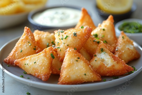 Crispy fried cheese wontons with herbs photo