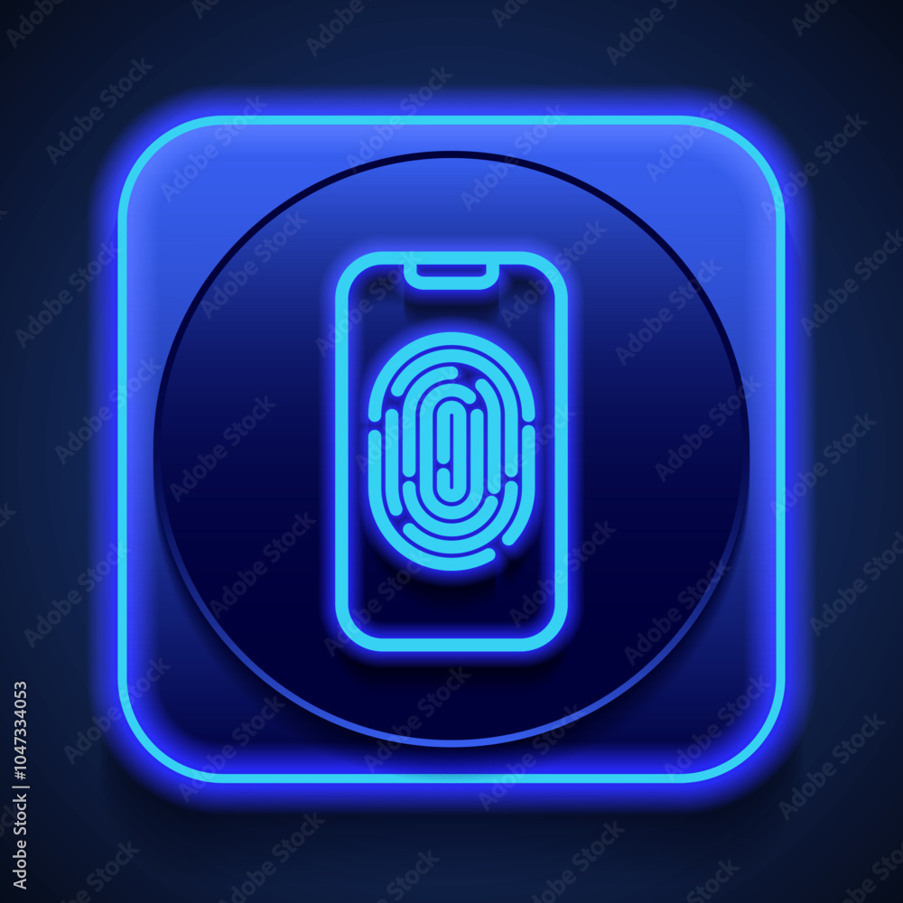 Mobile phone with fingerprint simple icon vector. Flat design. Blue neon style on button. With shadow Mobile phone with fingerprint simple icon vector. Flat design. Blue neon style on button. With shadow