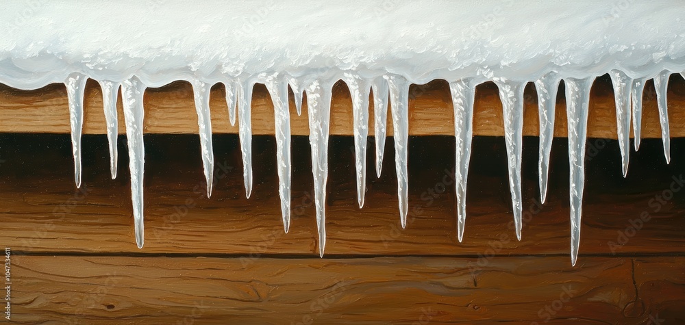 Icicles hanging from a wooden surface, showcasing nature's winter beauty and the impact of freezing temperatures. Icicles hanging from a wooden surface, showcasing nature's winter beauty and the impact of freezing temperatures.