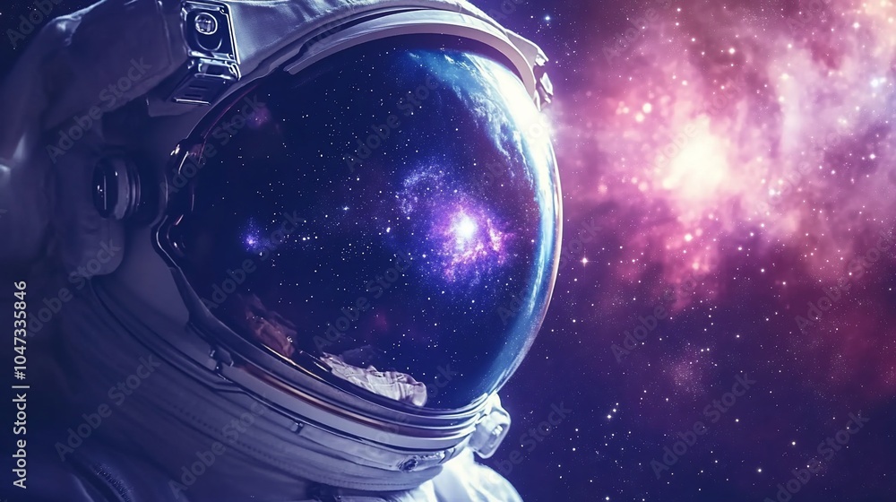 Closeup of astronaut's helmet reflecting a nebula in space. Closeup of astronaut's helmet reflecting a nebula in space.