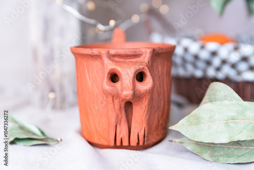 Rustic Clay Cup with Carved Forest Goblin Face, Evoking Folk Legends and Mystical Forest Spirits