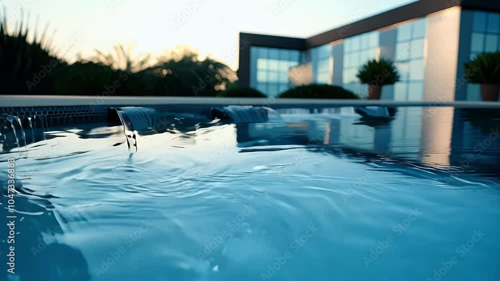 A serene swimming pool reflecting the sky and modern architecture in the background. A serene swimming pool reflecting the sky and modern architecture in the background.