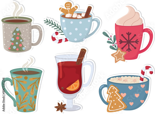 Stickers with Christmas hot drinks. Set of cute holiday cups and sweets