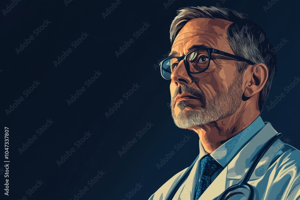 Serious looking doctor with arms crossed wearing glasses and white coat Serious looking doctor with arms crossed wearing glasses and white coat