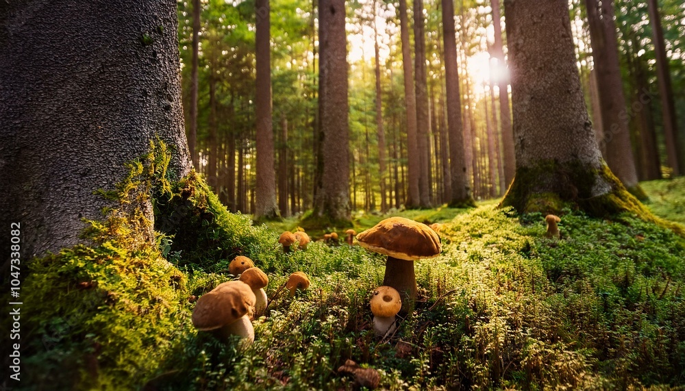 un bosque con arboles grandes y boletus en el suelo un bosque con arboles grandes y boletus en el suelo