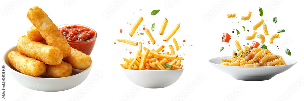 Set of A whimsical composition of mozzarella cheese sticks and golden French fries suspended in mid-air on transparent background. Ai generated Set of A whimsical composition of mozzarella cheese sticks and golden French fries suspended in mid-air on transparent background. Ai generated