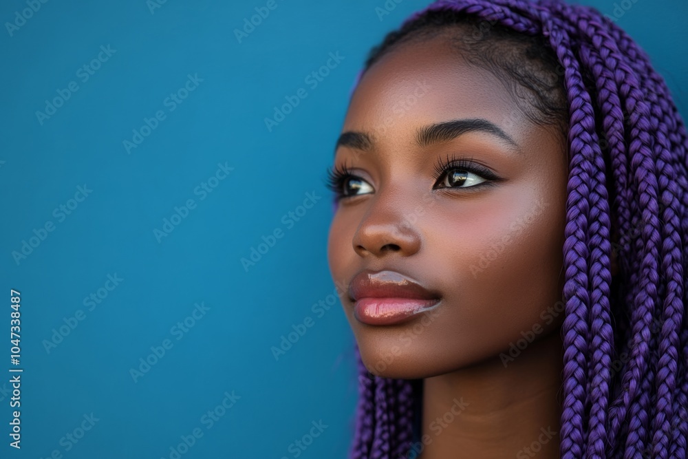 Closeup of model posing with purple braids and freckles Closeup of model posing with purple braids and freckles