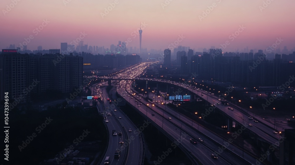 Dusk view of a highway and bridge with city buildings in Guangzhou, ideal for car ads. - Dusk view of a highway and bridge with city buildings in Guangzhou, ideal for car ads. -