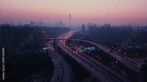 Dusk view of a highway and bridge with city buildings in Guangzhou, ideal for car ads. -