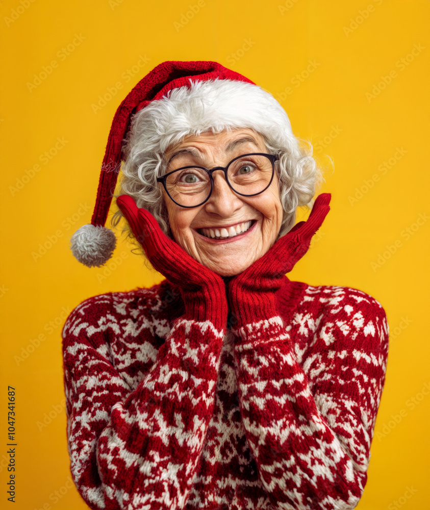 Happy grandmother wearing red christmas hat and gloves, enjoying winter holidays and smiling on yellow background Happy grandmother wearing red christmas hat and gloves, enjoying winter holidays and smiling on yellow background
