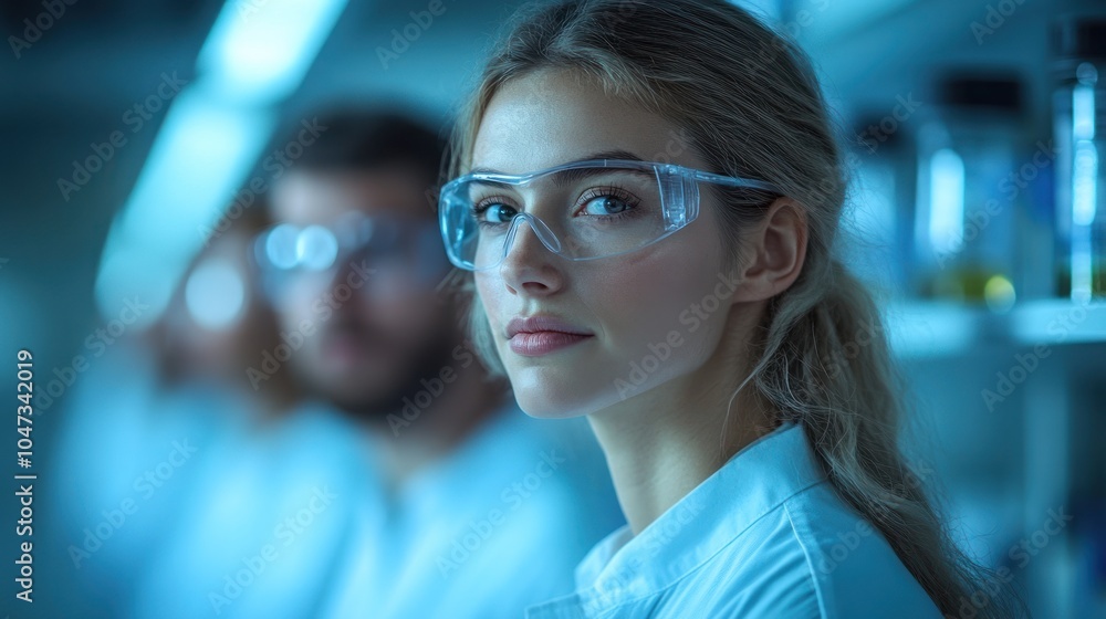 A focused scientist in a lab setting, wearing safety glasses and a lab coat. A focused scientist in a lab setting, wearing safety glasses and a lab coat.