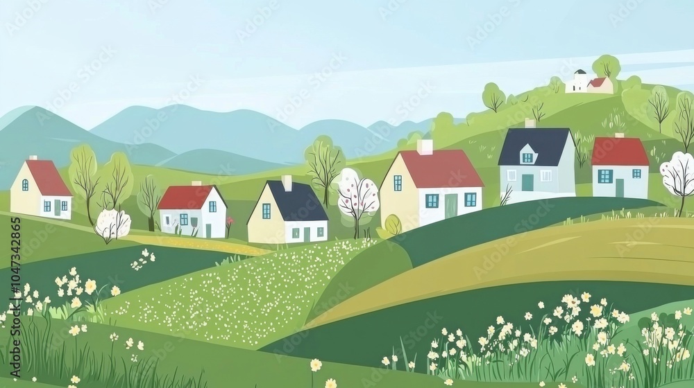 Naklejka premium Village Panorama: Green Meadows and Blue Skies in a Cartoon Landscape