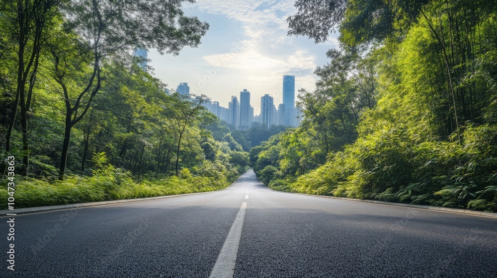 Fototapeta premium Panoramic view of a road and green forest with Shenzhen city skyline.