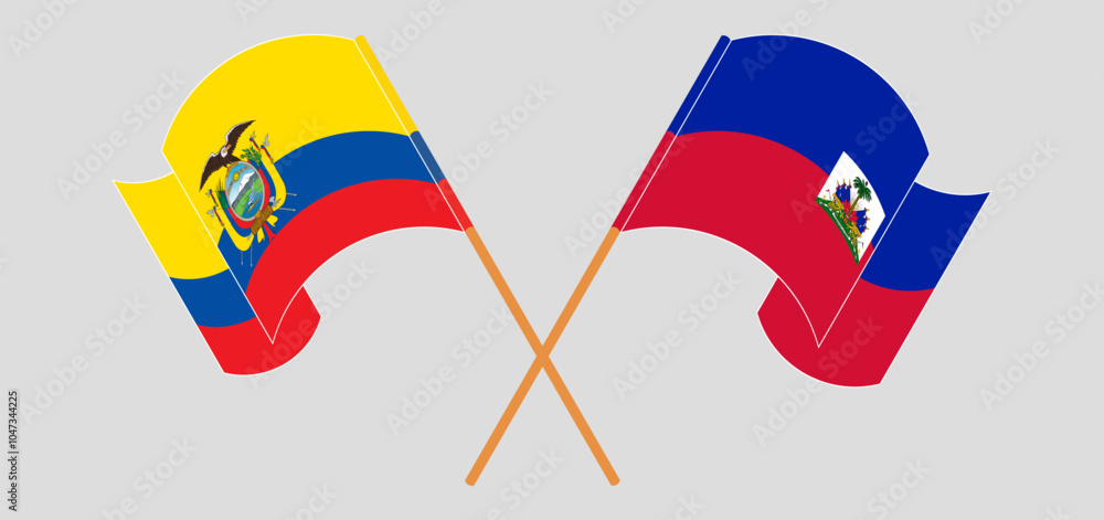 Crossed and waving flags of Republic of Ecuador and Republic of Haiti. Vector illustration Crossed and waving flags of Republic of Ecuador and Republic of Haiti. Vector illustration