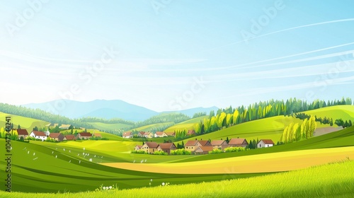 Village Panorama: Green Meadows and Blue Skies in a Cartoon Landscape