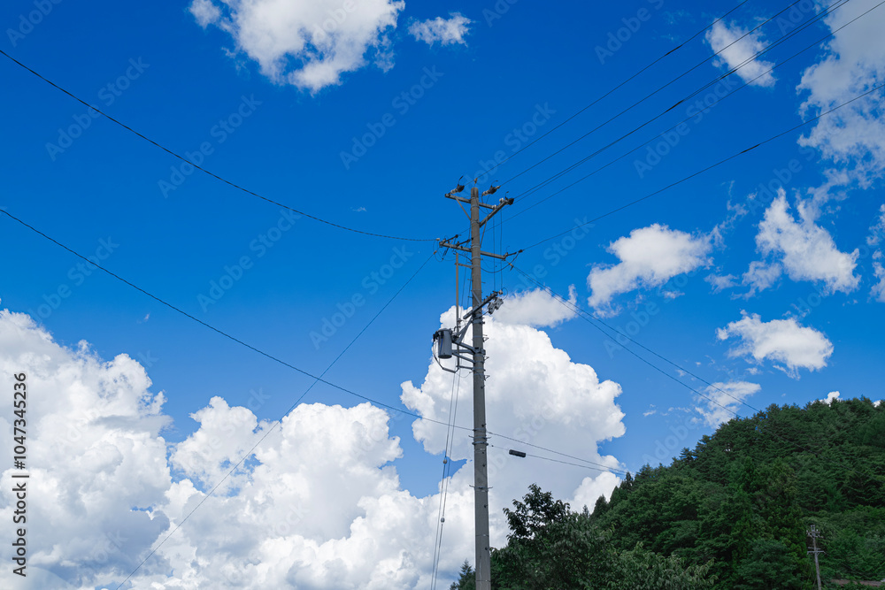 Obraz premium 青い空と夏雲と電柱