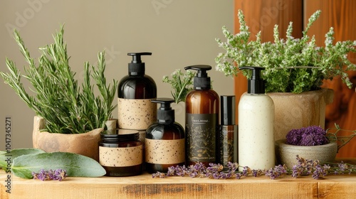 A variety of organic and non-toxic personal care products, such as shampoo, conditioner, and lotion, displayed with fresh, natural ingredients like aloe and lavender.