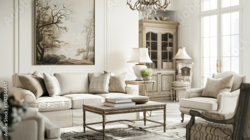 A sophisticated and timeless living room design featuring a white canvas backdrop, Accentuated with classic furniture pieces and refined accents, Traditional elegance style