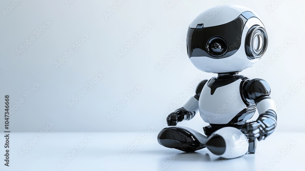 Silver and black robot sitting on a white surface Silver and black robot sitting on a white surface
