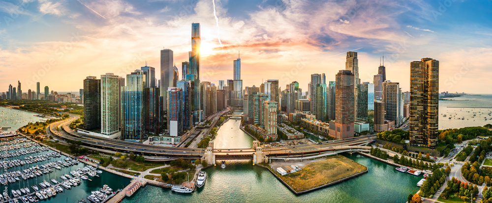 Aerial panorama of Chicago, Illinois skyline at sunset. Chicago is the most populous city in the U.S. state of Illinois and in the Midwestern United States.