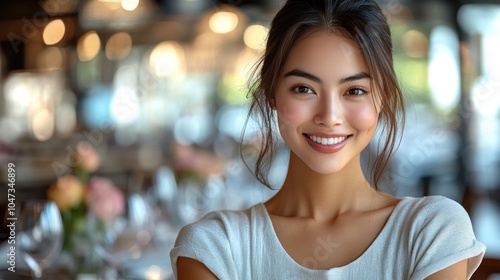 A smiling woman in a restaurant setting, exuding warmth and friendliness.
