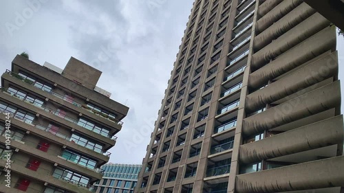 Iconic Brutalist Architecture in Barbican Estate in East London: Cromwell, Lauderdale and Shakespeare Towers, Urban Design, City of London England UK Britain
