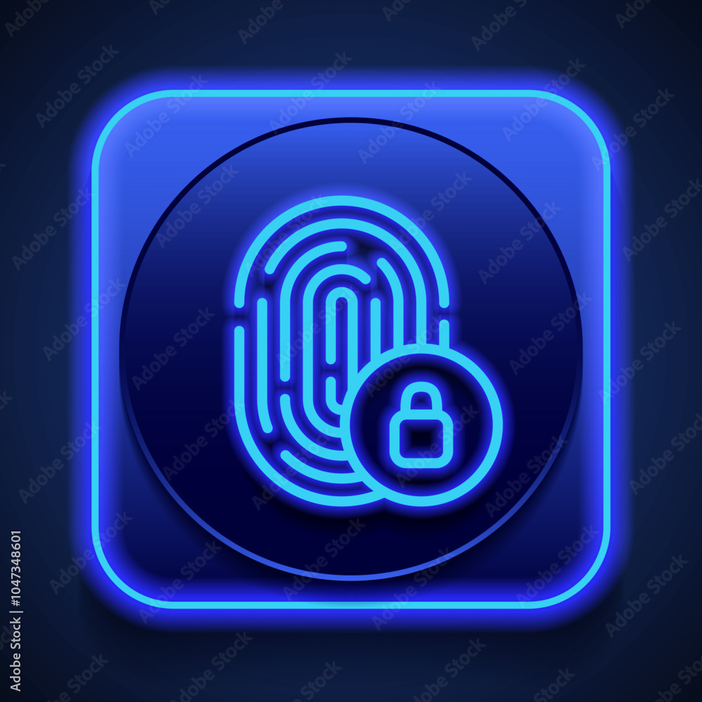 Fingerprint with lock simple icon vector. Flat design. Blue neon style on button. With shadow Fingerprint with lock simple icon vector. Flat design. Blue neon style on button. With shadow