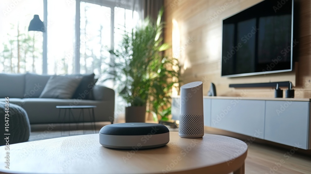 Smart home devices set up in a modern living room. Smart home devices set up in a modern living room.