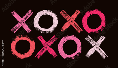 Colorful XO pattern. Abstract red and pink template background with various circles and crosses for holiday Valentine's day. Vector grunge vintage texture with brush drawn geometric elements..eps