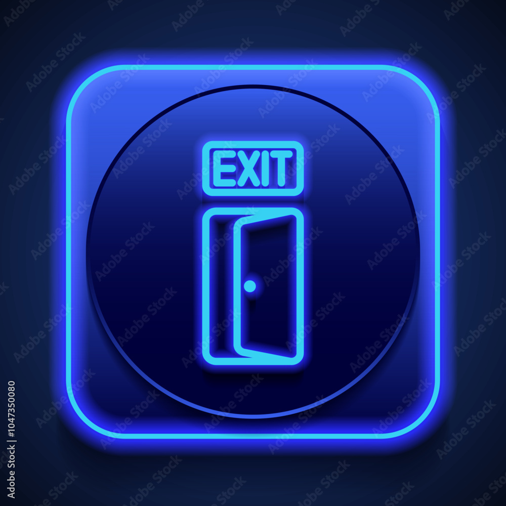Exit, door simple icon vector. Flat design. Blue neon style on button. With shadow Exit, door simple icon vector. Flat design. Blue neon style on button. With shadow