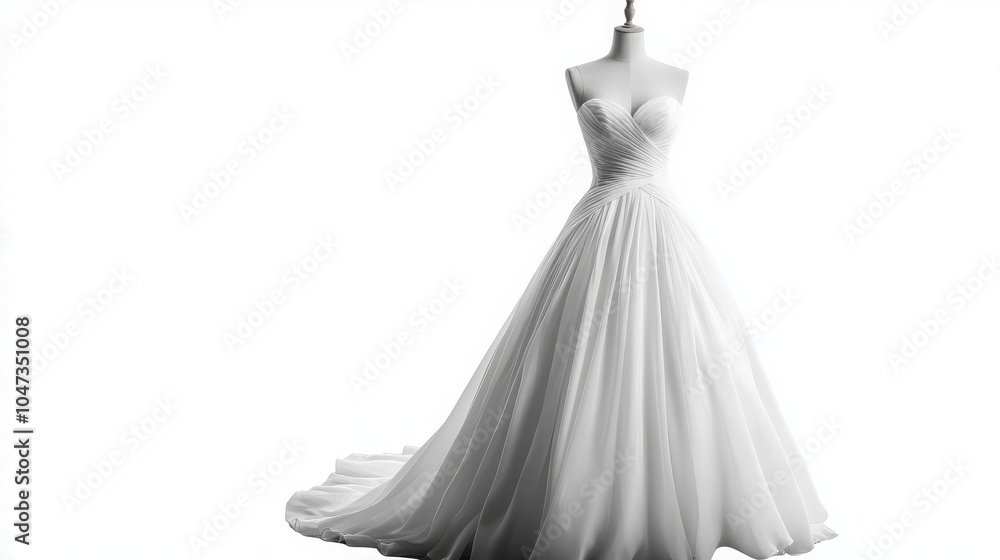 White wedding dress on a mannequin, isolated against a white background White wedding dress on a mannequin, isolated against a white background