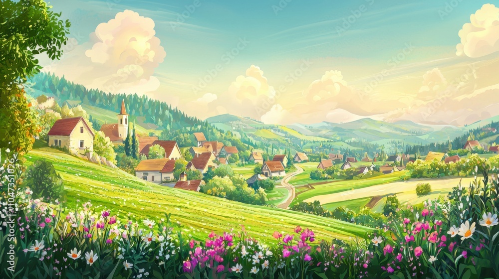 Fototapeta premium Village Panorama: Green Meadows and Blue Skies in a Cartoon Landscape