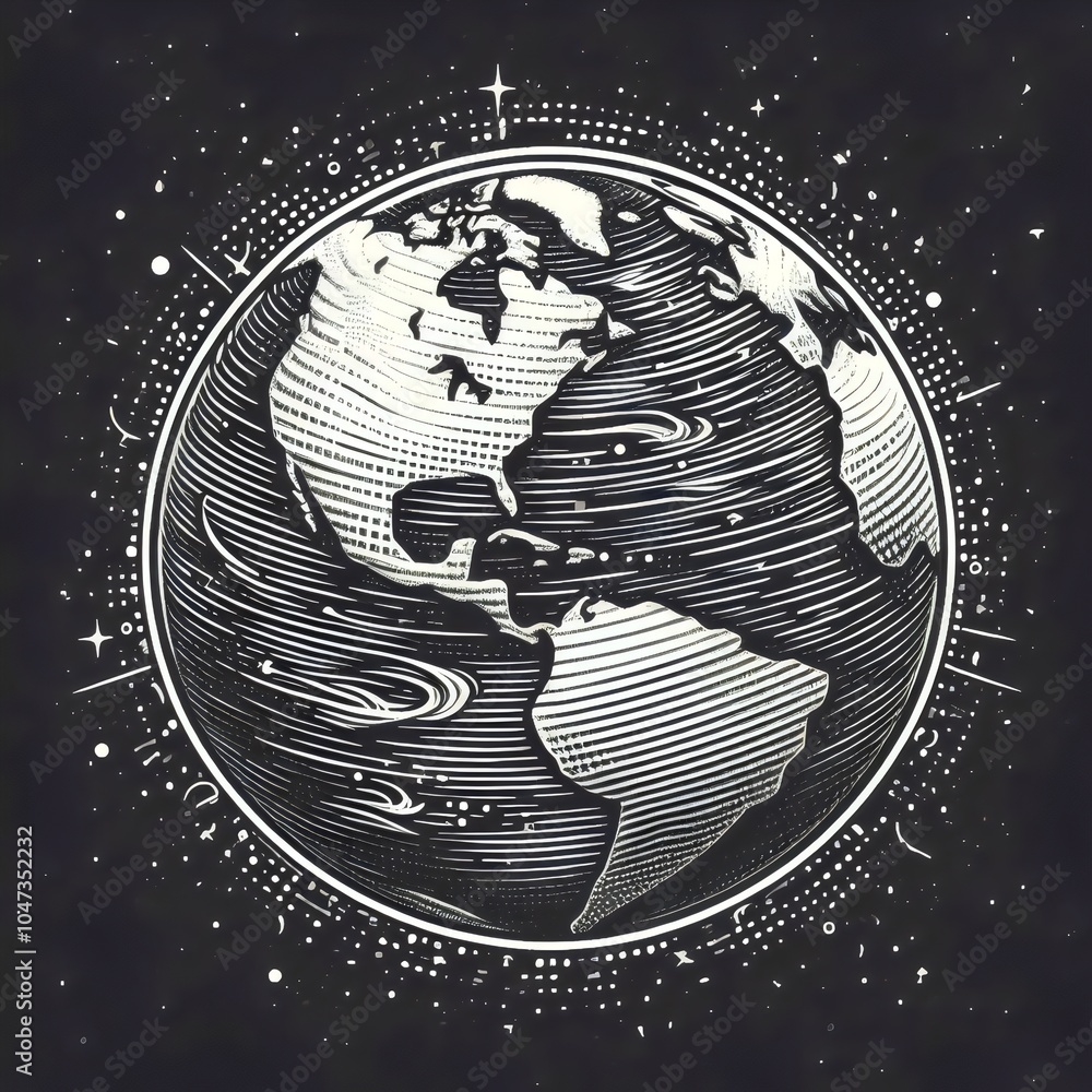 Obraz premium Globe, sketch engraving generative raster illustration. Black and white image. Icon, logo.