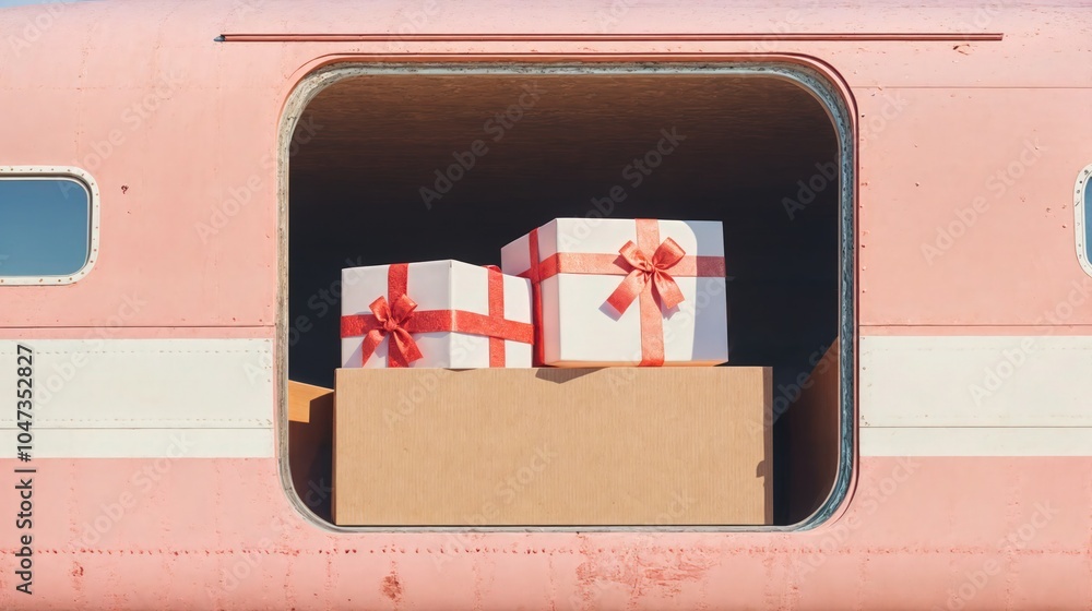 Christmas gift boxes with red ribbons loaded onto vintage pink airplane, festive holiday delivery scene