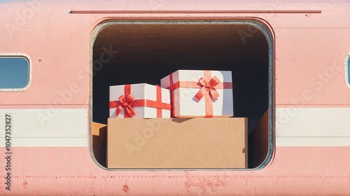 Obraz na płótnie Christmas gift boxes with red ribbons loaded onto vintage pink airplane, festive holiday delivery scene
w salonie
