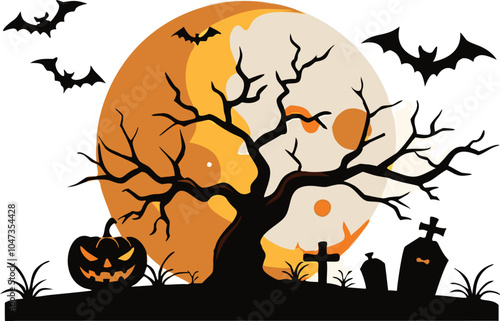 Halloween Night Cemetery Bats Moon Tree Pumpkin