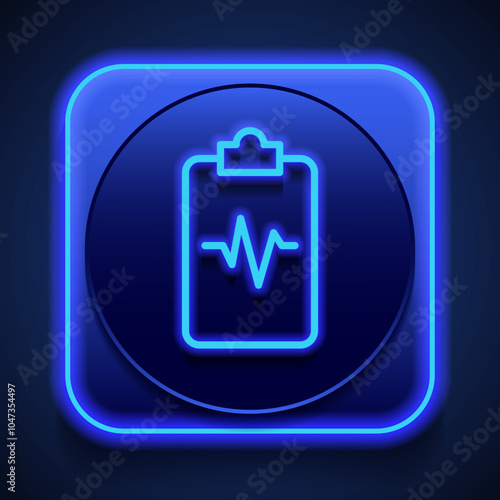 Clipboard with pulse line simple icon vector. Flat design. Blue neon style on button. With shadow