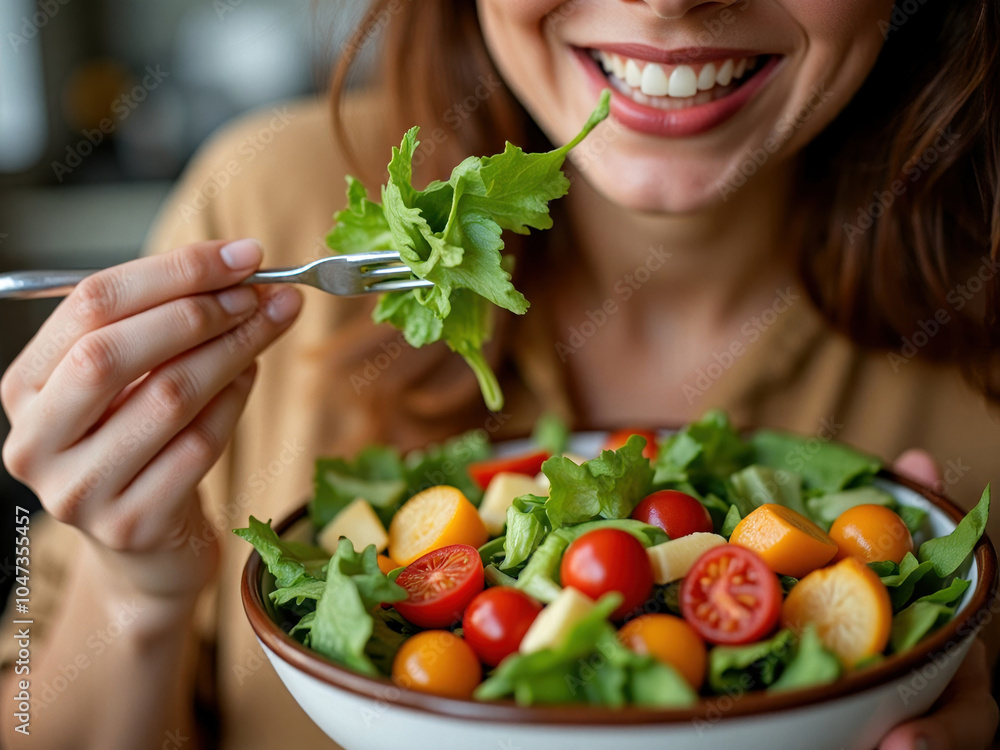 A detailed close-up of a woman enjoying a salad, emphasizing textures and colors in mindful eating. A detailed close-up of a woman enjoying a salad, emphasizing textures and colors in mindful eating.